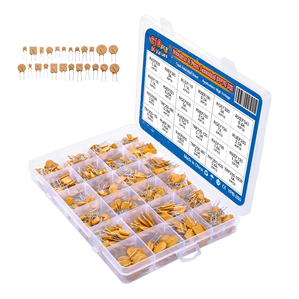 610PCS-24Values  0.9A 1.1A 1.35A 2A 2.5A 3.75A Self-Recovery Fuse Assorted PPTC KIT 0.05A 0.1A 0.2A 0.25A 0.3A 0.4A 0.5A 0.75A