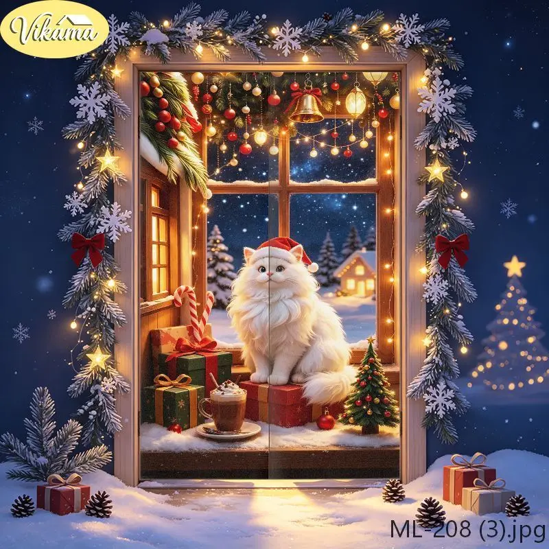 VIKAMA Christmas White Cat Gingerbread Snowman Door Curtain Black Background Long Hair Kitty Hat Gift Coffee Cup Holiday Linen
