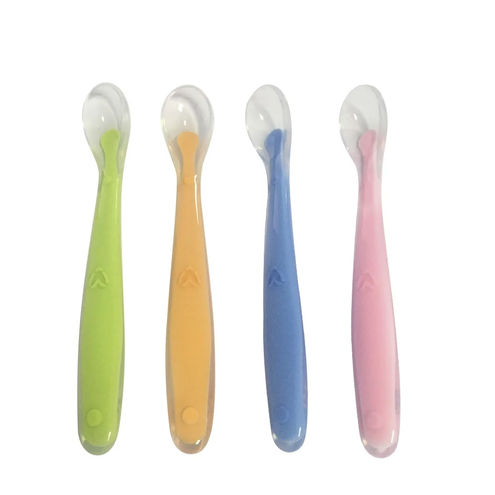 

4 шт., набор детских силиконовых ложек для кормления младенцев, твердая еда, неглубокий дизайн, безопасные ложки, мягкий наконечник, удобная ручка