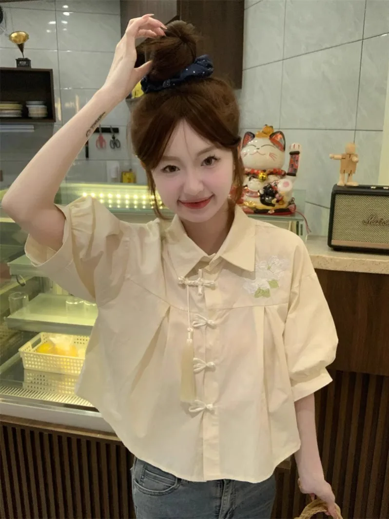 

Long Sleeve Shirts Womens Cotton Striped Buttoned Blouses Lantern Sleeves Turn Down Collar Feminine Retro French Style Spring