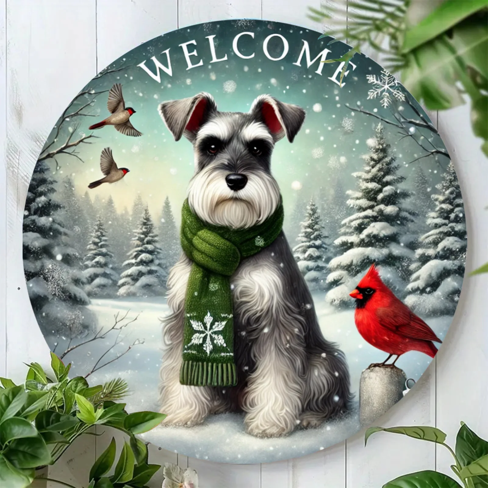 Merry Christmas Schnauzer 7,8" runde Aluminium-Wandkunst – langlebiges Metallschild für Küche, Schlafzimmer, Bar-Dekoration – einzigartiges Design, Eas