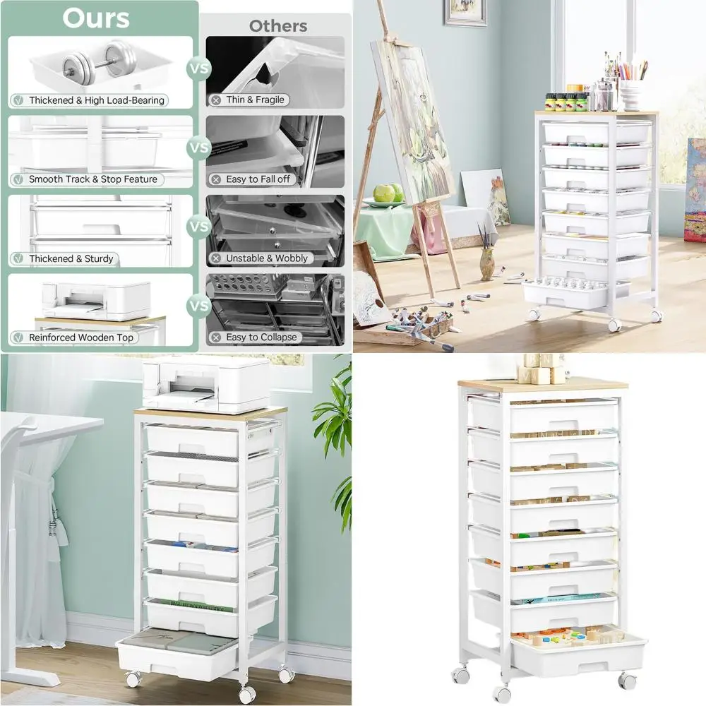 

8-Drawer White Rolling Storage Cart with Wooden Top Utility Organizer