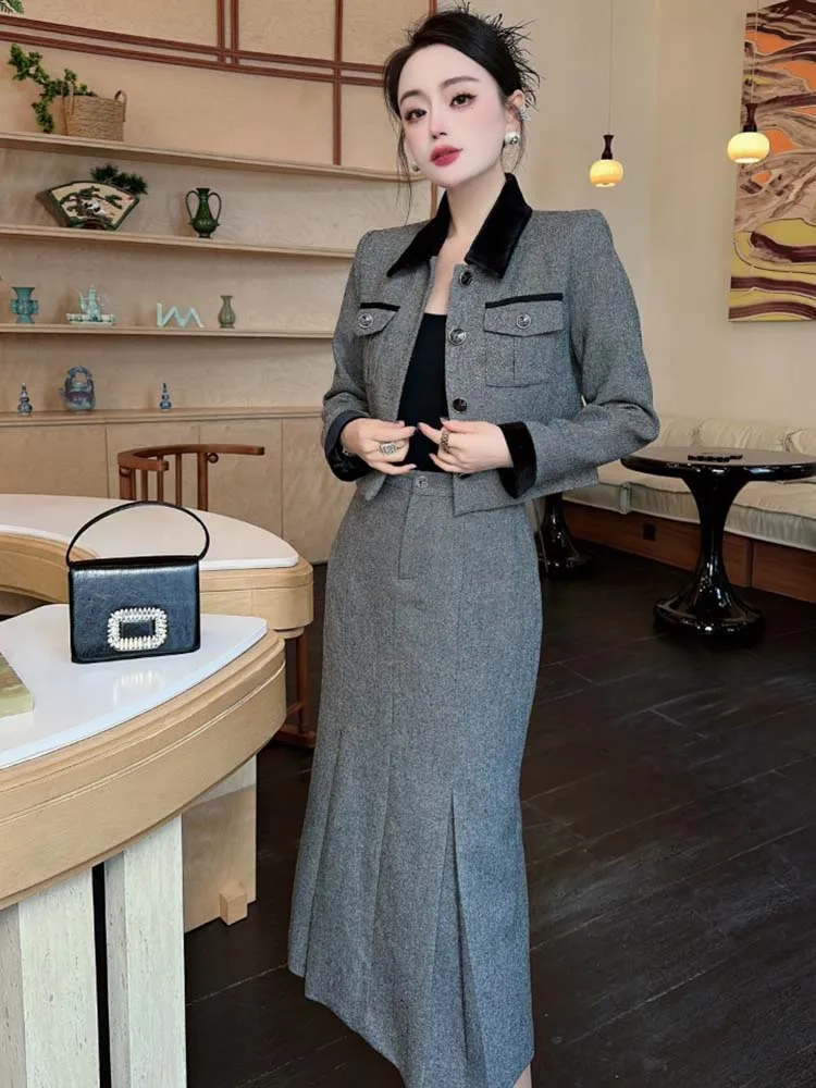 ZJYT Autumn Winter Woolen Jacket Suit with Skirt 2 Piece Matching Set for Women Elegant Long Sleeve Grey Outfit Midi Dress Sets