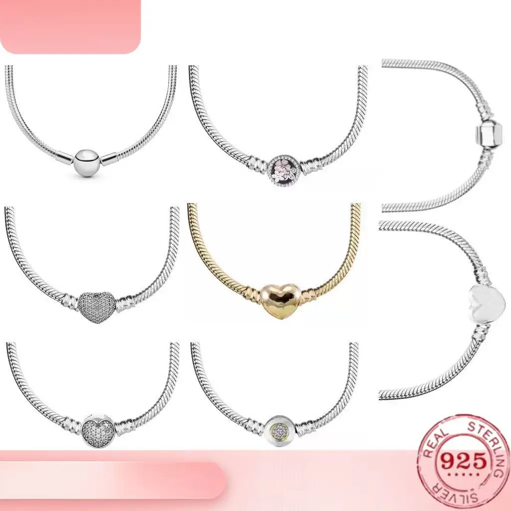 Classic Snake Bone Series 925% Pure Silver Heart Round Block Luxury Zircon DIY Necklace Women's High Jewelry Wedding Gift