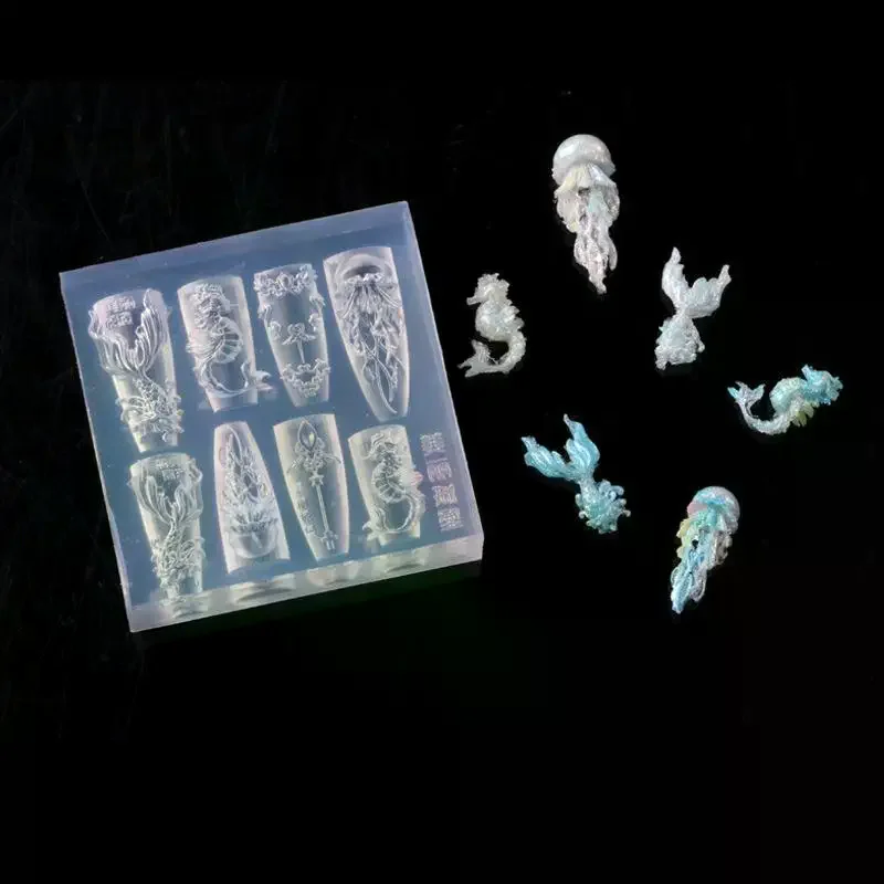 Sea Shell Starfish Fishtail 3D Silicone Nail Mold Jellyfish Conch Transparent Mold Nail Art Carving Template DIY Accessories