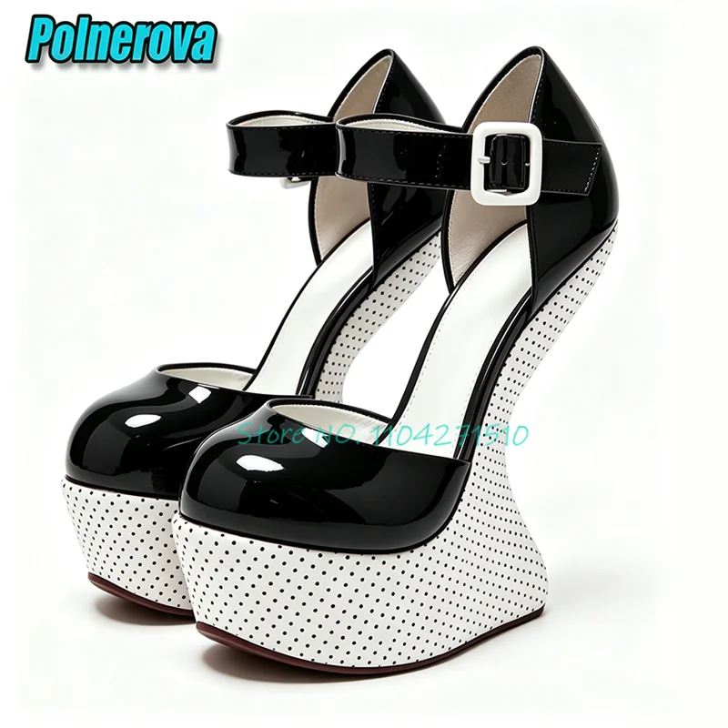 Polka Dot Platform Women Pumps Black White Mixed Colors Ankle Buckle Strap Thick Soled High Heels Summer New Party Dress Shoes