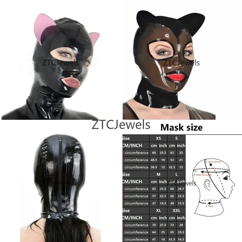 

Pink Cat Ears Latex Hood Mask Handmade Cosplay Headwear with Back Zipper for Halloween Party Men Women