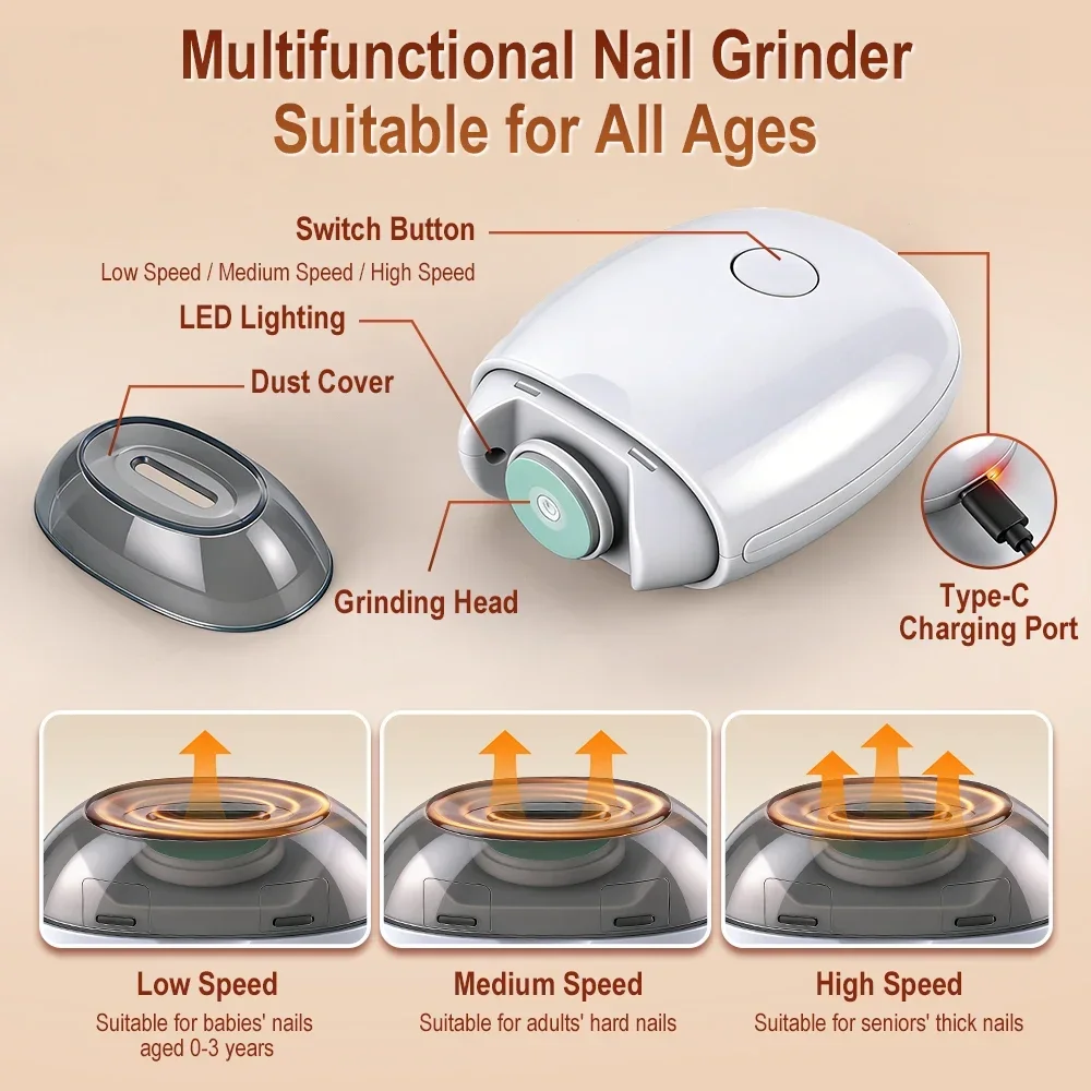 2 IN 1 Electric Nail Clipper Cutter With LED Light Automatic Nail Grinder Trimmer USB Charging For Baby Adult Mini Nail Care