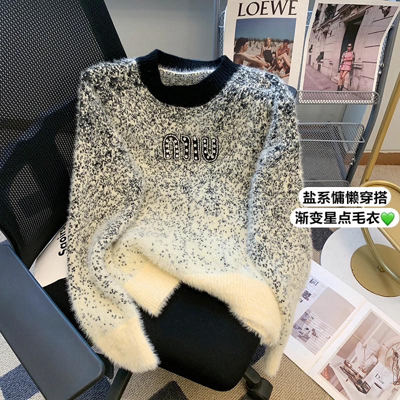 Women Chic Hit Color Diamond Letters Wool Blended Knitted Pullover Tops 2024 Autumn Winter New O-Neck Long Sleeve Sweater Luxury