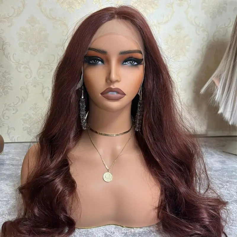 Perruque Lace Closure Wig Body Wave Synthétique Brun Chocolat pour Femme, Sans Colle, Facile à vitation, Pré-épilée, HD, 03 Utilisation