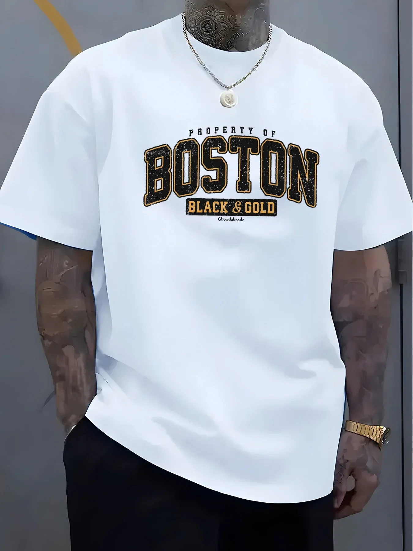 Boston City British-style printed 100% pure cotton short-sleeved T-shirt for men round-neck casual and fashionable T-shirt