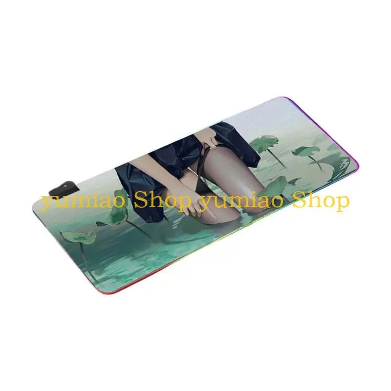 587B Anime Large Gaming Mouse Pad with Stitched Edged Nonslip Natural Rubber Base Laptop Pad Mat with LED for Computer