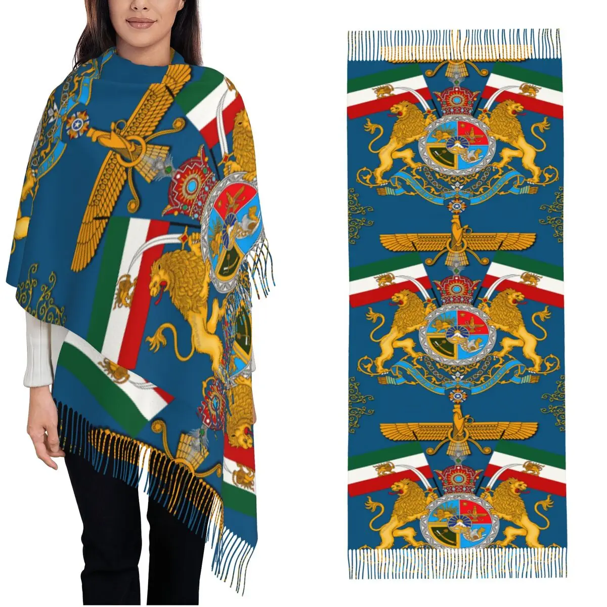 

Большой женский шарф с флагом Ирана и изображением льва, с кисточками, зимний, винтажный, для улицы, в стиле фулярд