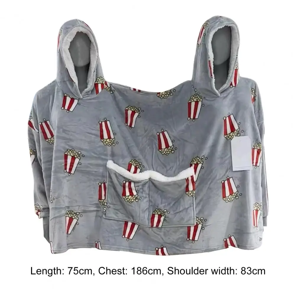 Double Pajamas Cozy Couples Pajamas Set with Hooded Popcorn Print Double Pocket Thick Plush Material Long Sleeve for Two