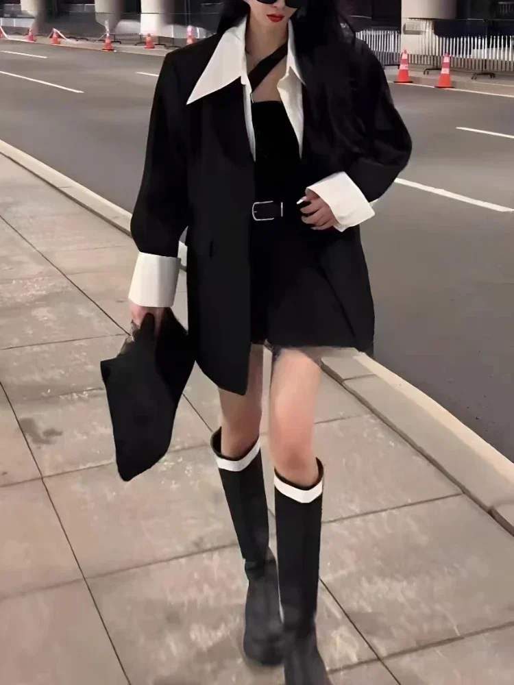 Sommer 2024, neuer gefälschter zweiteiliger Anzug, Jacke, Oberteil, halber Rock, Shorts, weites Bein, kurze Hosen, zweiteiliges Set, Y2k, schwarze