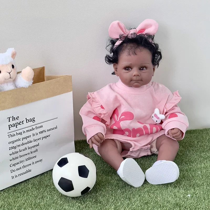 

48CM Finished Doll Reborn Baby Doll in Black Skin Newborn Baby Size Hand Detailed Painting Skin with Visible Veins Bebe Reborn