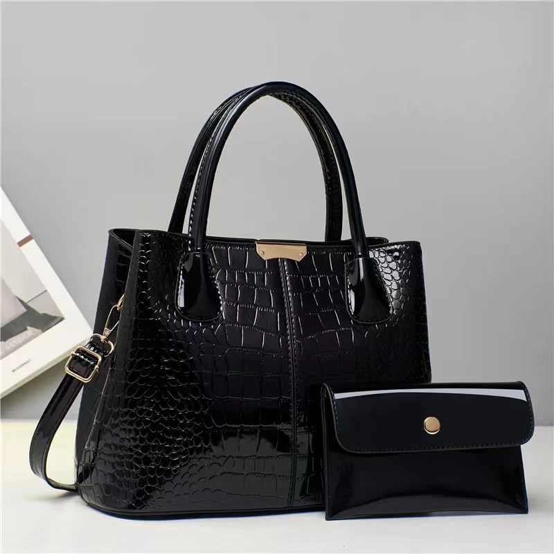Chic Crocodile-Embossed Tote Bag Set for Women - Faux Leather, Includes Clutch Purse, Zip Closure, Available in Purple/Black