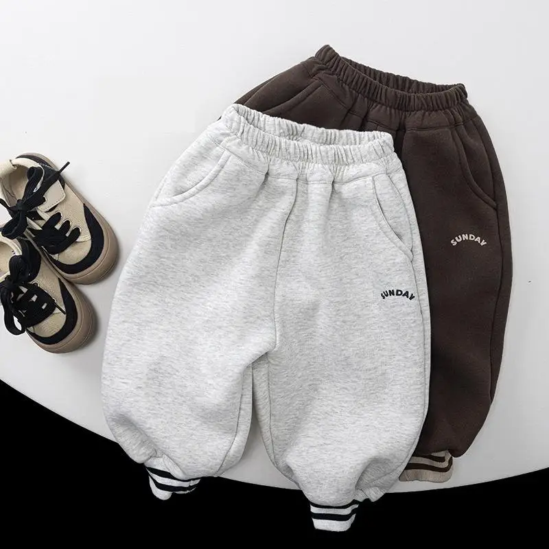 

2025 Winter New Children Plus Velvet Thick Sweat Pants Letter Print Boys Girls Fleece Warm Trousers Fashion Kids Casual Pants