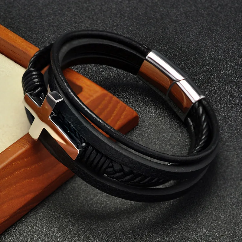 

Personalized Name Cross Leather Bracelet Stainless Steel Multilayer with Magnetic Clasp Hip Hop Mutilayer Male Cuff Gift for Him