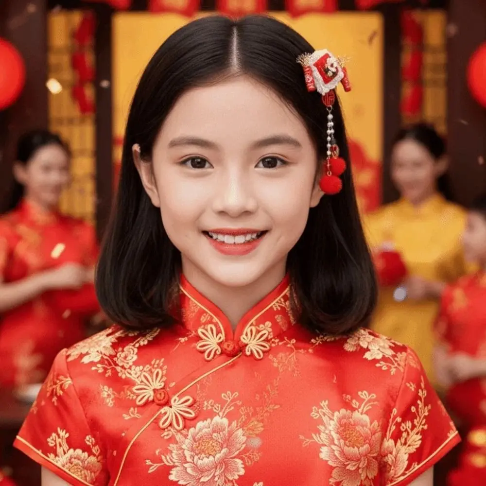 

2pcs Lion Children's Chinese Hairpin Ball Flower Embroidered Bow Headwear Golden Lock Tang Suit Ancient Style Hair Clip