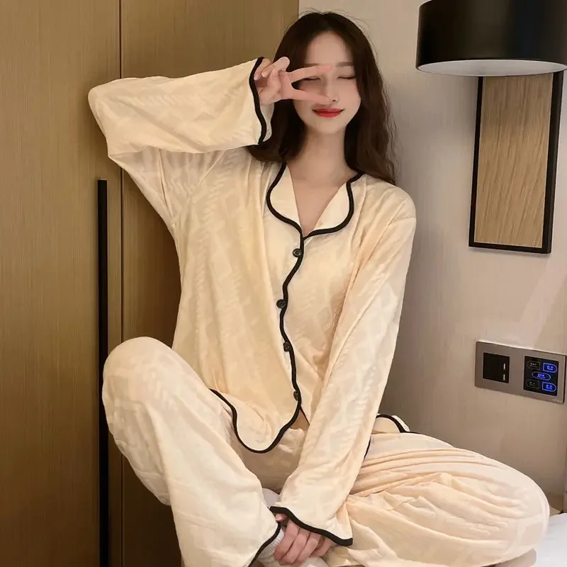 Casual Solid Color Simple Nightclothes Suit 2024 Pure Cotton Pajamas Spring Autumn Women Long Sleeve High Sense Homewear Female