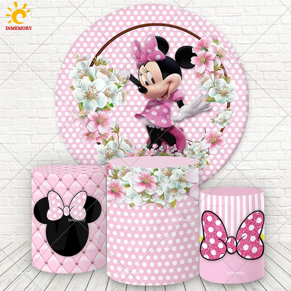 Pink Flower Minnie Round Backdrop Cover Customize Bow Princess Girl Birthday Party Decoration Supplies Cake Table Plinth Covers