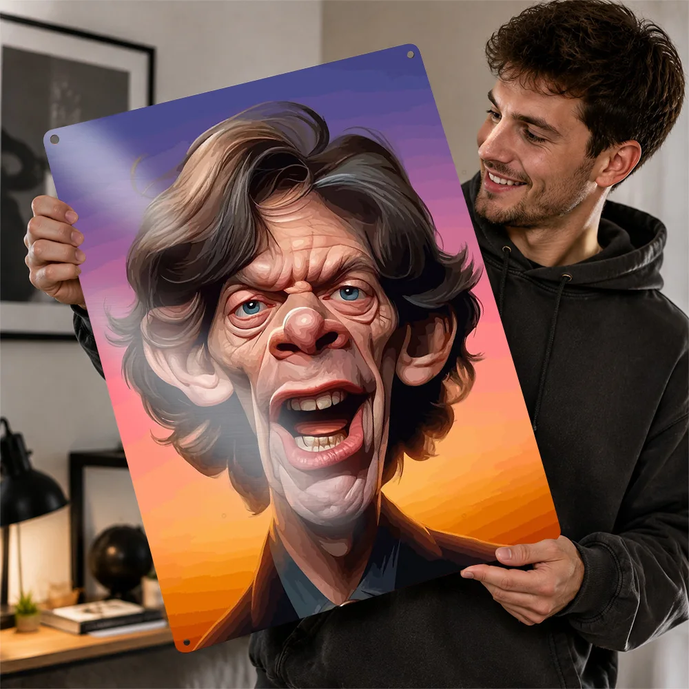 Mick Jagger Caricature Portrait Personalized 3D Textured Metal Poster Wall Art Tinplate Sign for Decor Luxury Room Accessories
