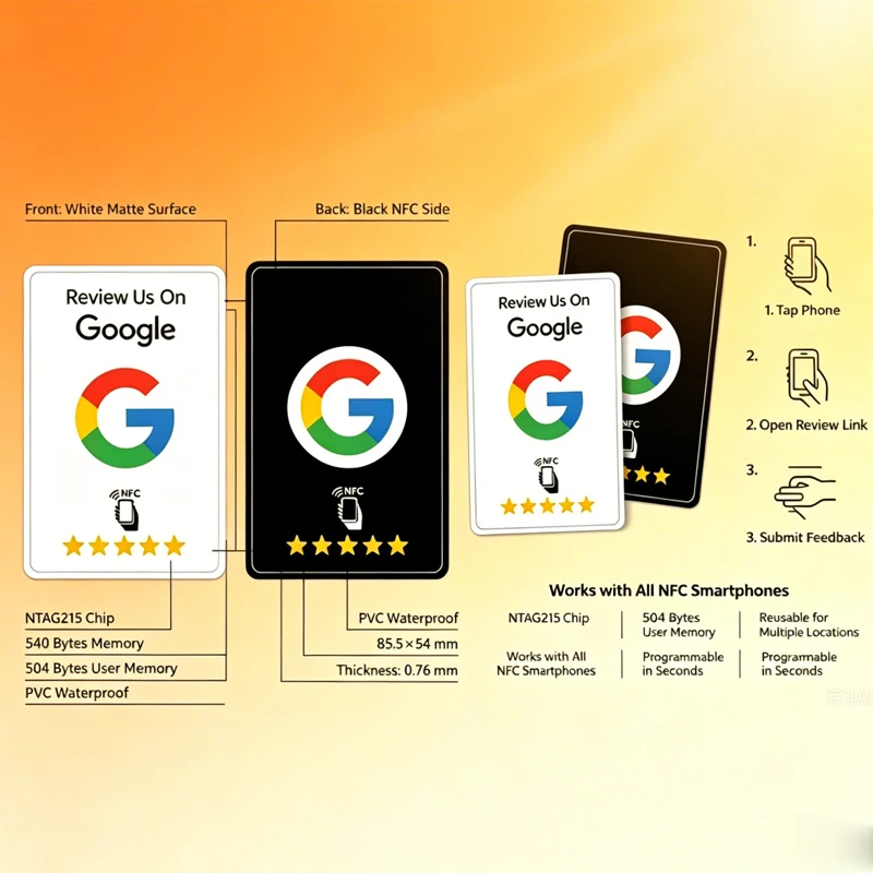 1-200Pcs Black Premium Wear‑Resistant /Matte Finish Reusable /Google Review Tap NFC Card Programmable NFC Tap Card User‑Friendly