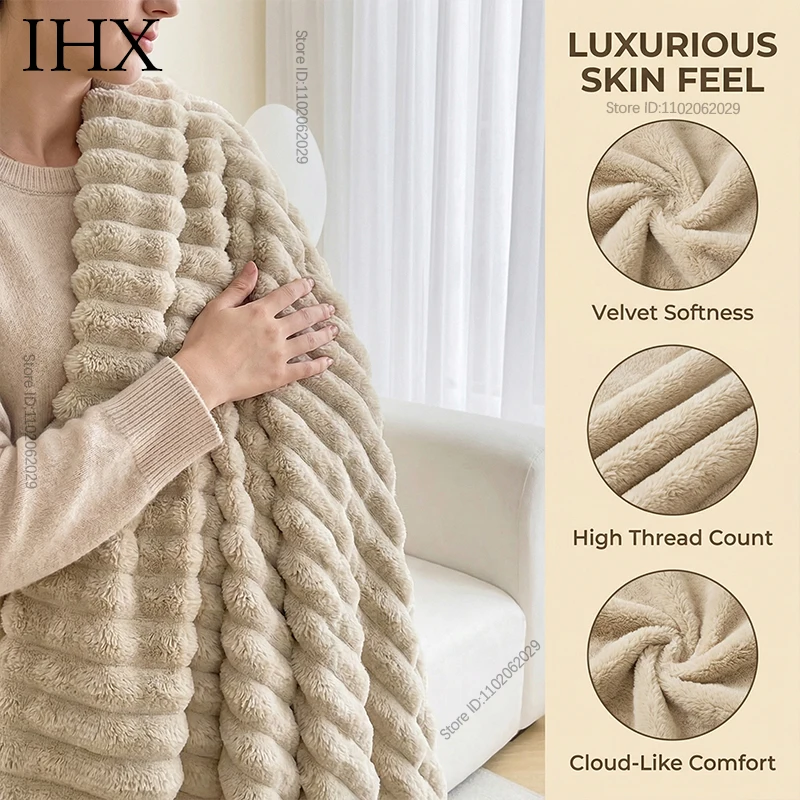 IHX Solid  Blanket Winter Thickened Warm Faux Fur Blanket Soft Fluffy Throws Custom Blanket Size for Sofa Bed Naps