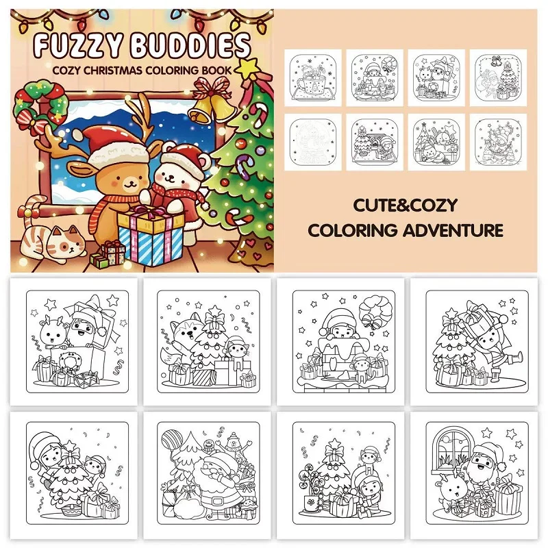 Fuzzy Buddies Coloring Book, Christmas Scenes with Adorable Animal Characters & Cute Objects, Stress Relief Coloring Book