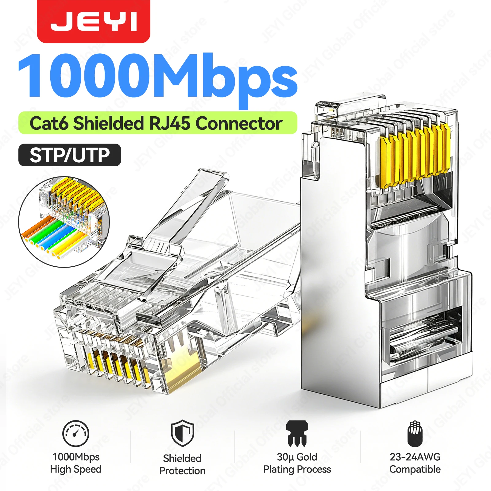 JEYI Cat6 Cat5e UTP STP Pass Through Plug Network RJ45 Modula Connectors Shielded 8P8C Modular Plug Crimp End Crimp Modular Plug