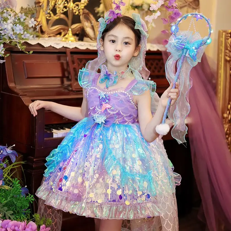 

Летнее платье для маленьких девочек в стиле Лолита: блестящее, кружевное, с бантом, пышное, в стиле принцессы, с эффектом «русалки», многослойное, без спинки, для дня рождения и праздников