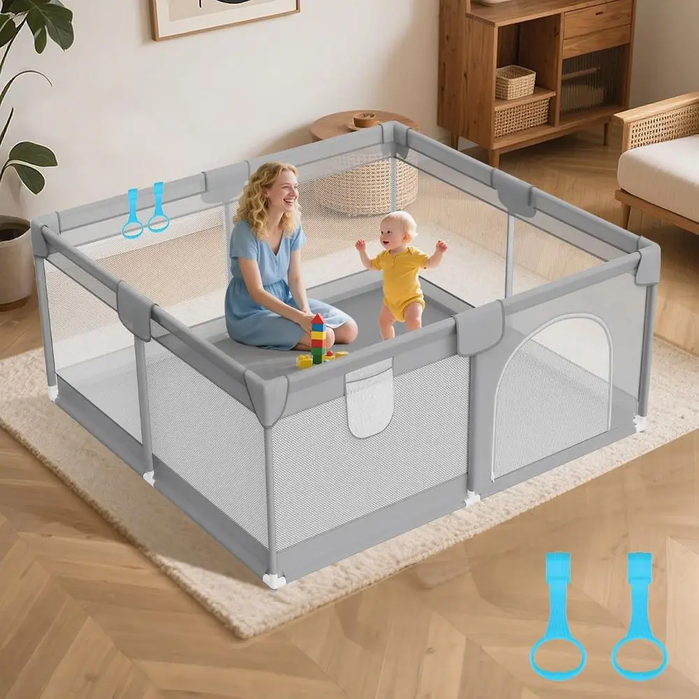 50 parque infantil gris para bebés con 2 asas: área de juegos segura para interiores/exteriores para bebés y niños pequeños