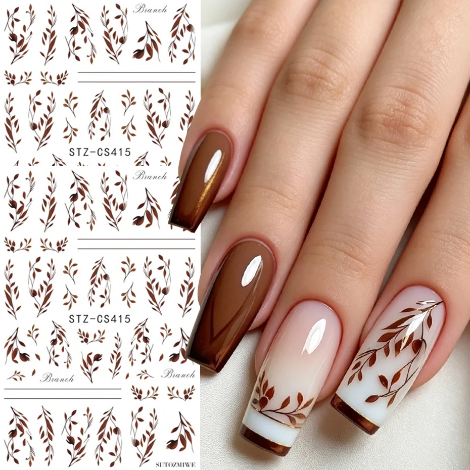 2 Stück 3D Herbst-Braunblätter Nagelkunst-Aufkleber Maillard Warmfarben-Serie Blätter Nagelsticker Tiefe Herbstblätter Nageldesign-Dekor – Detail 1