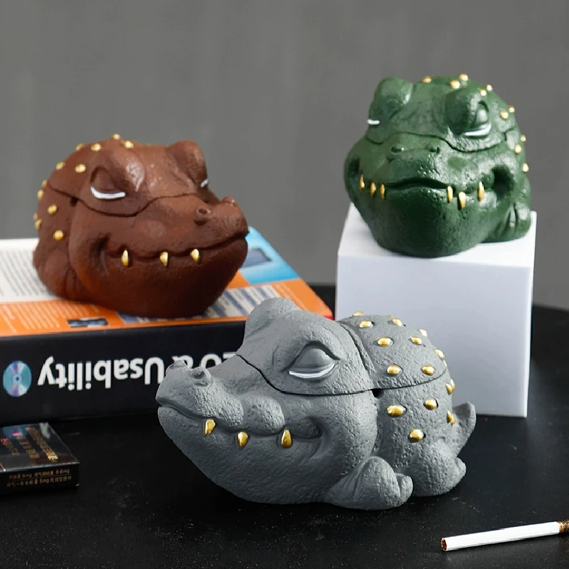 Creative Small Crocodile Ashtray with Cover Living Room Decoration Office Desktop Ashtray Home Anti Fly Ash Smoking Accessories