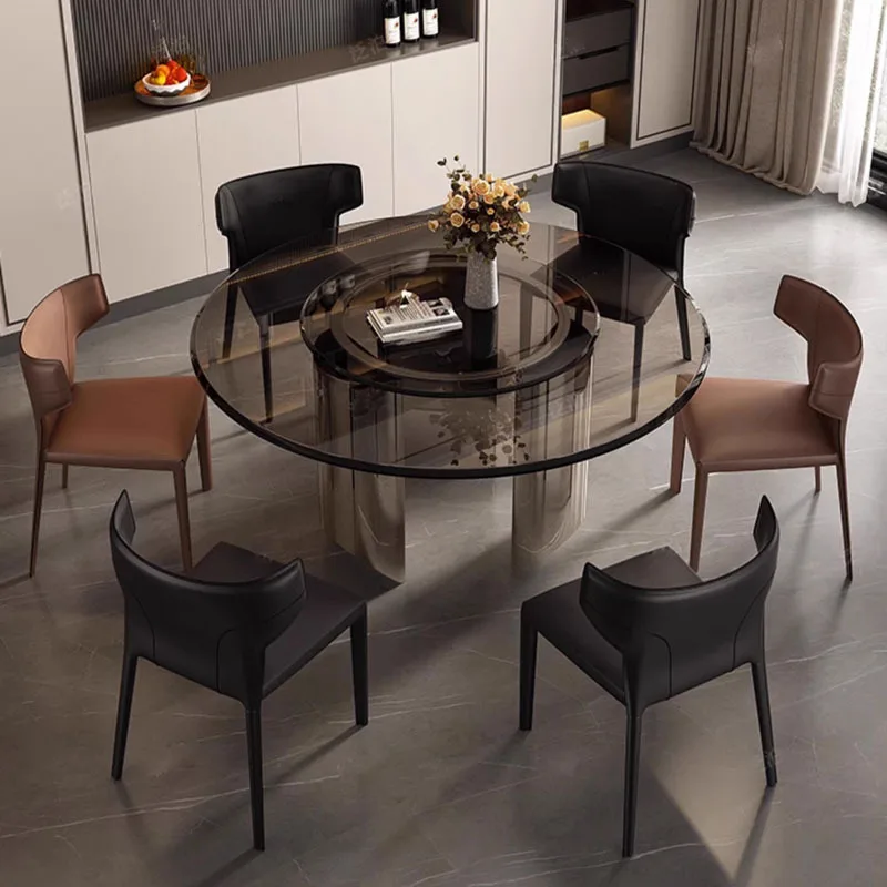Italian glass round table household large apartment mirror tempered glass round dining table dining chair