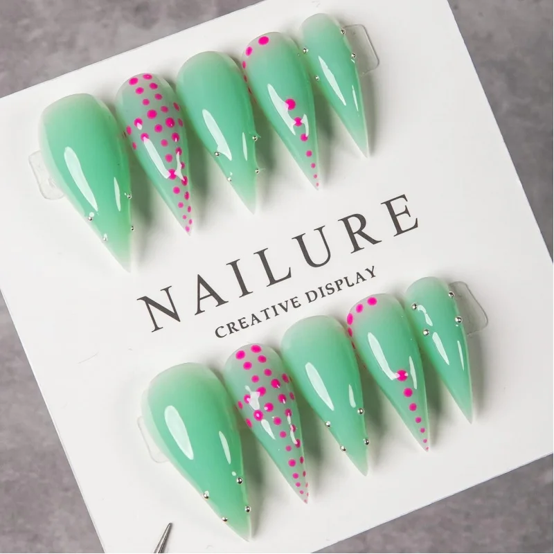 Extra Long Stiletto Mint Green Pink Polka Dot Press On Nails Tiny Silver Bead Studs Glossy Cute Y2K Fresh Summer Reusable False