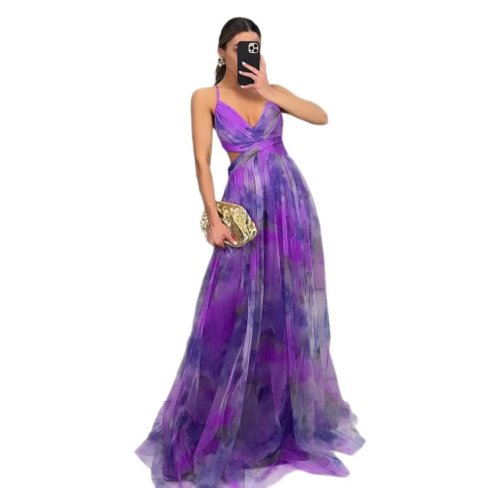 Abito estivo da donna nuovo con cinturino con stampa a rete Abito lungo casual maxi con scollo a V Abito colorato sexy