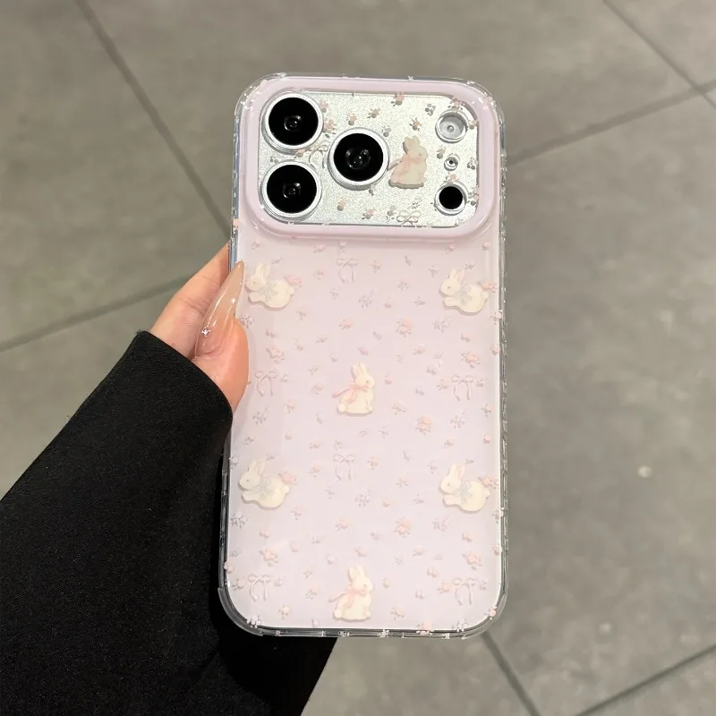 Cute Cartoon Pink Flowers Rabbit Pattern Phone Case For iPhone 17 Pro 16 15 14 13 12 11 Pro Max All-inclusive Lens Back Cover