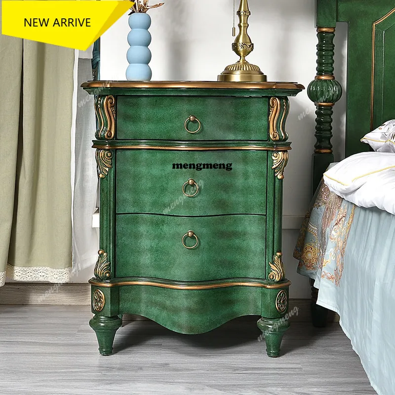 

M138 Green bedside table European gold-painted solid wood bedroom side cabinet storage green storage drawer cabinet