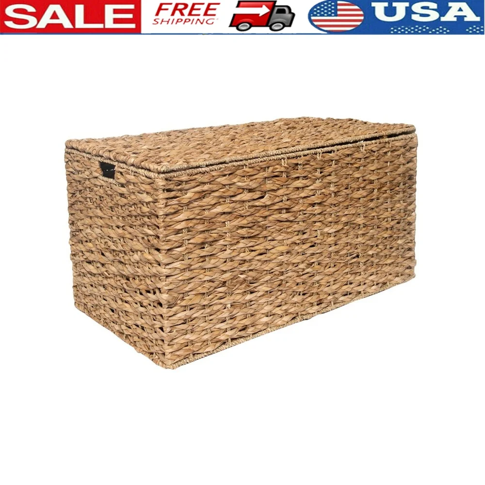 

Natural Seagrass Storage Trunk Basket with Handles Woven Blanket Toy Book Organizer Decorative Rectangular Chest Living Room