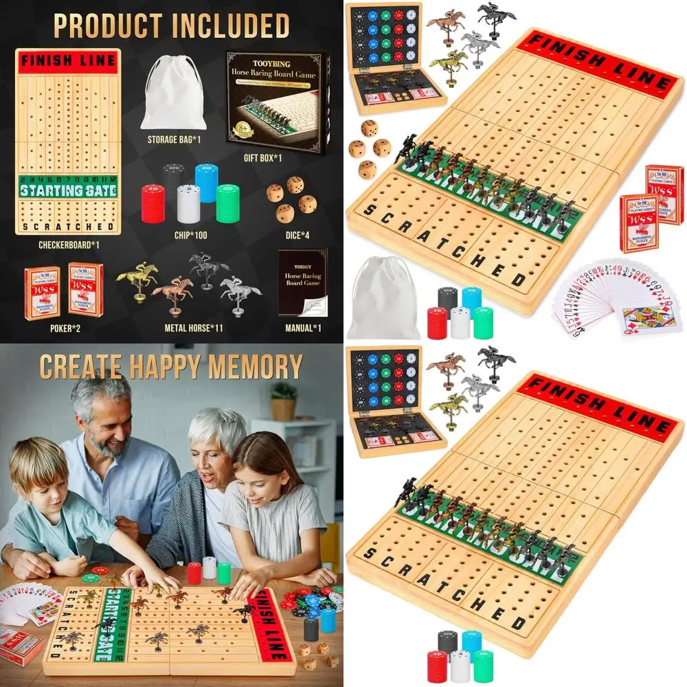 

Elegant 21 Wooden Horse Racing Board Game with Metal Horses, Cards, Dice for Adults & Families