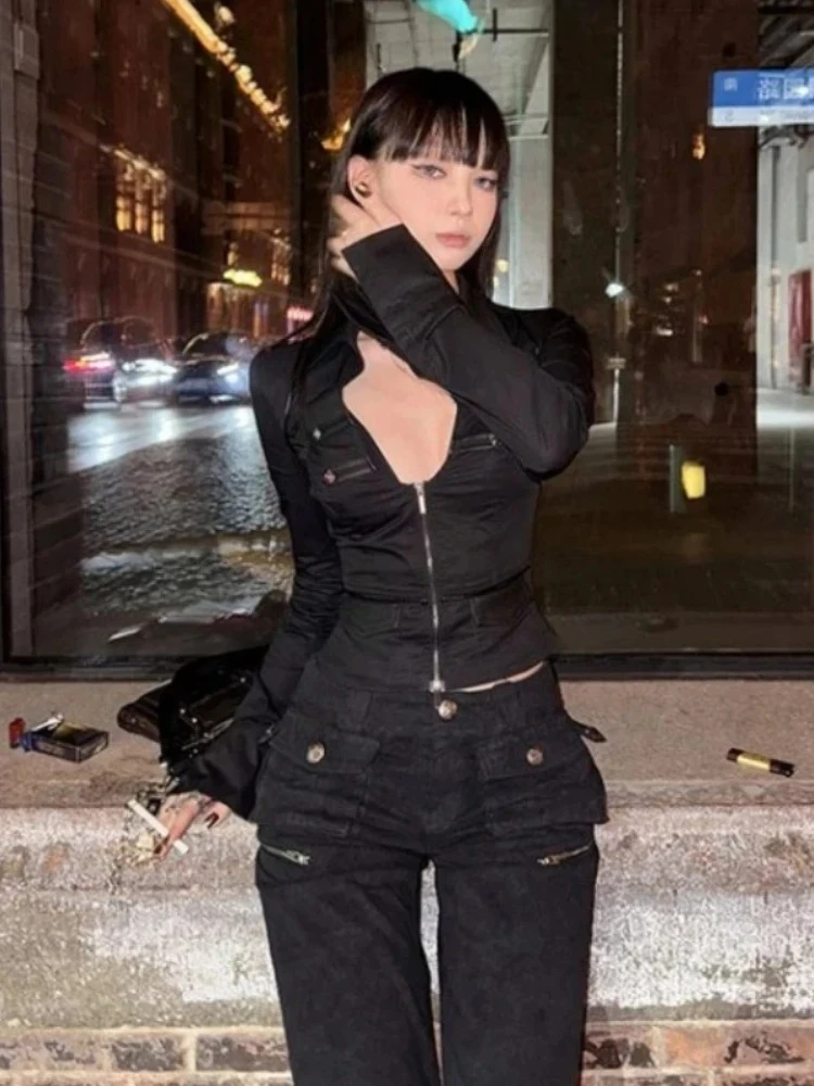 American Vintage Crop Tops Sexy Blouses Women Long Sleeve Deep V-neck Zipper Shirts M Casual Chic Y2k Shirt Fashion 2025 Summer