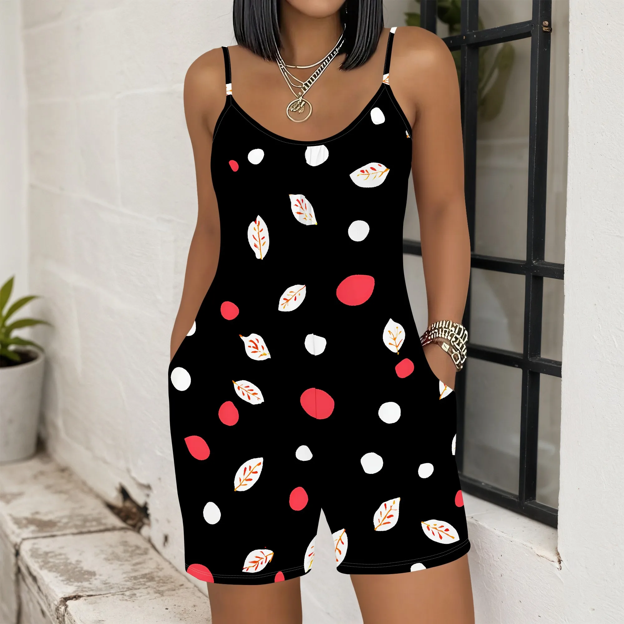 

Black Leaf Print Romper, Red White Dots, Adjustable Straps, Pockets, Casual Summer Outfit, Beach Vacation Wear, S-2XL