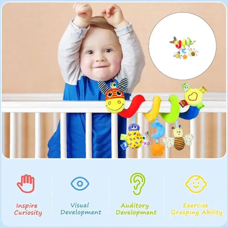 Espirais animais desenho animado, berço brinquedo móvel com textura chocalho animal, mordedor para estimulação