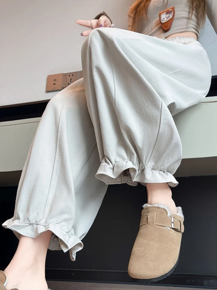 키 큰 여성용 하이웨이스트 카고 팬츠 한국 스타일 순색 랜턴 플라워 팬츠 통근용 바지