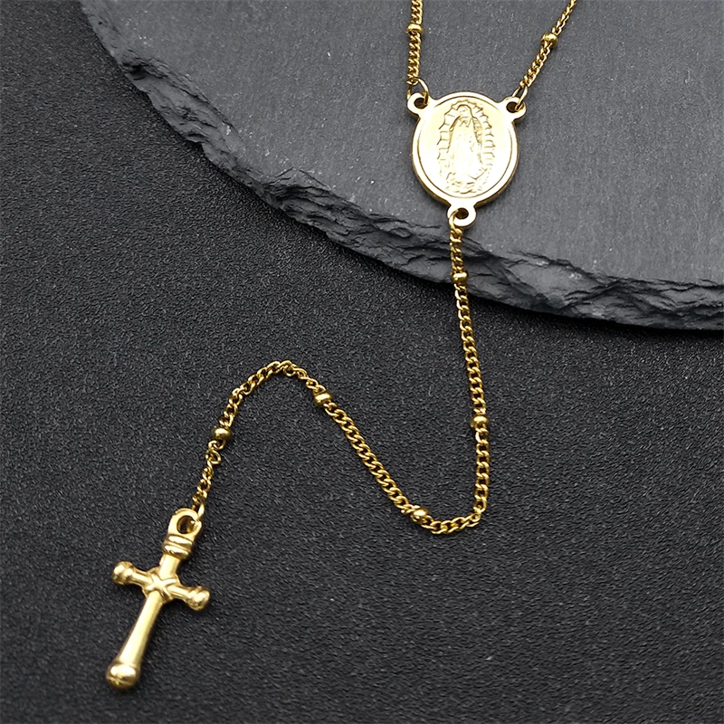 Virgin Mary Guadalupe Jesus Cross Necklace for Women Men Stainless Steel Gold Color Christian Rosary Long Chain Jewelry