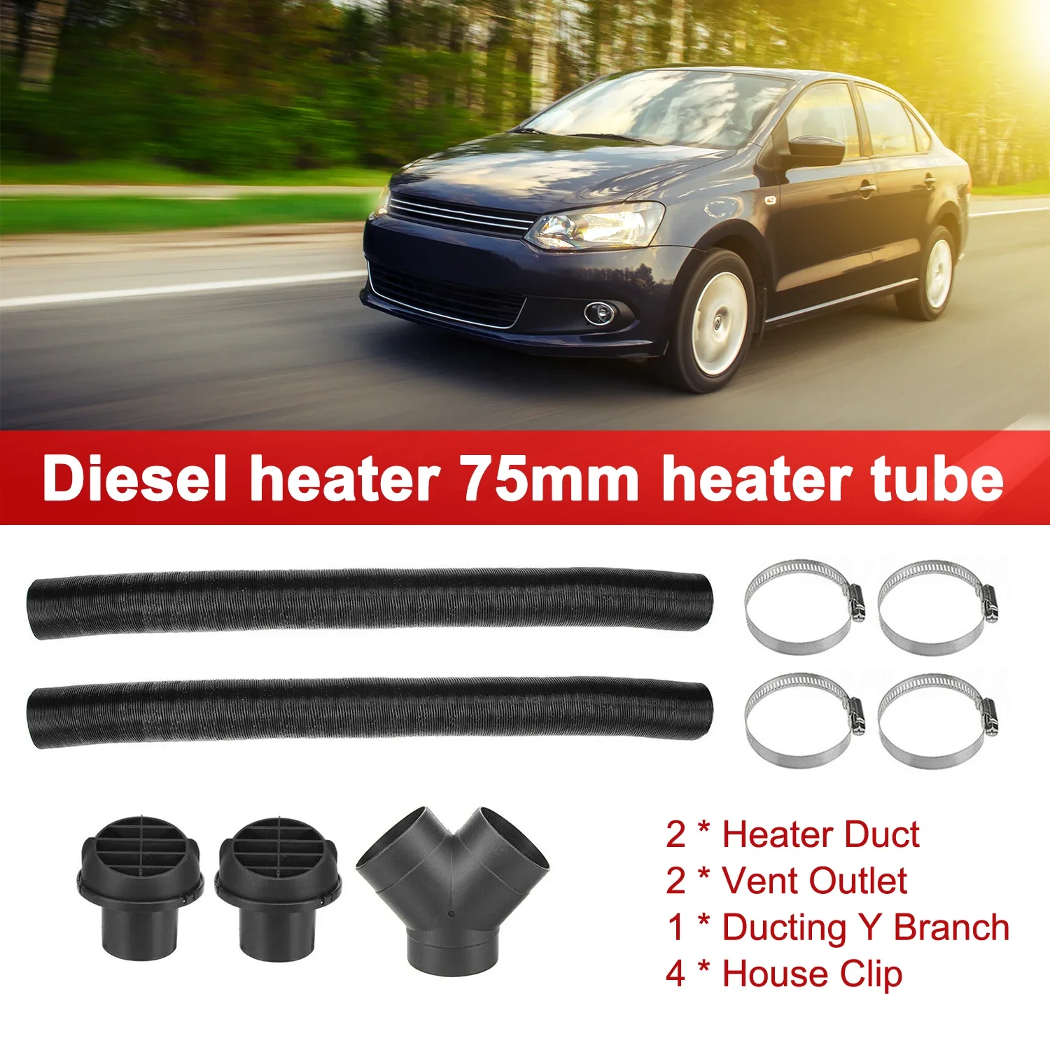 

Compatible with Webasto Diesel Heater 75mm Heater Pipe Ducting Y Branch Warm Air Outlet Vent Kit
