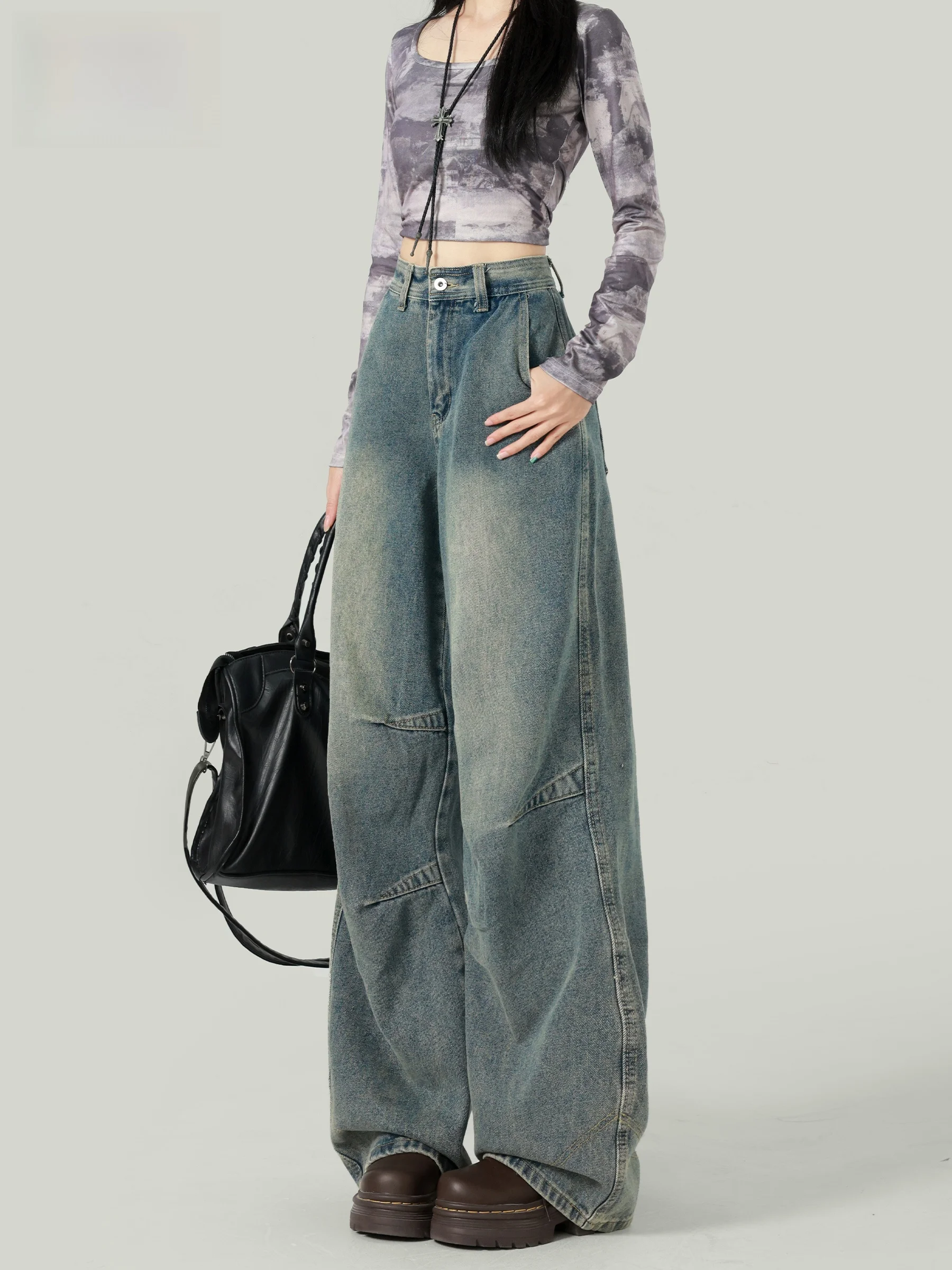 

High Waist Distressed Denim Jeans Women's Loose Fit Slimming Wide Leg Pants Autumn New Style Casual Cotton Blend Wear Resistant