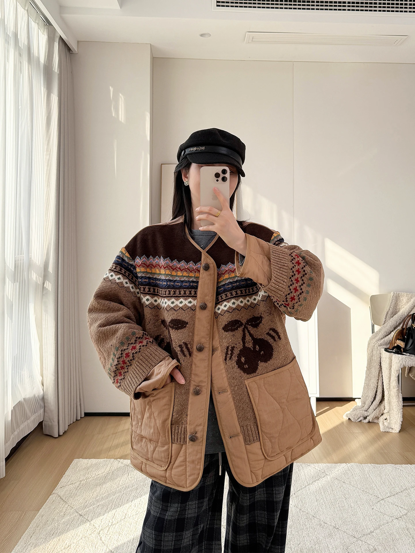 

Double-Sided Wear Cherry Patchwork Knitted Loose Slimming Mid-Length Cotton Jacket Vintage Style Long Sleeve round Neck Coat